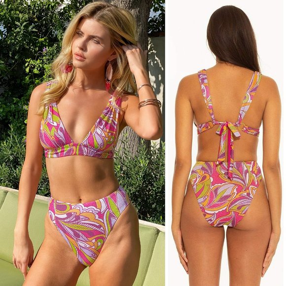 BECCA Rebecca Virtue Psychedelic BIKINI SET Size M Halter Top High Waist Bottom - Picture 1 of 13